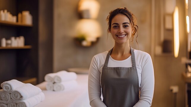 Smiling spa worker in a serene wellness environment.