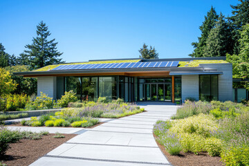 Fototapeta premium Modern eco-friendly house with solar panels on a green roof, surrounded by a landscaped garden.