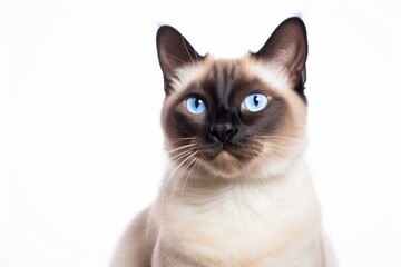 Portrait of a smiling siamese cat on white background