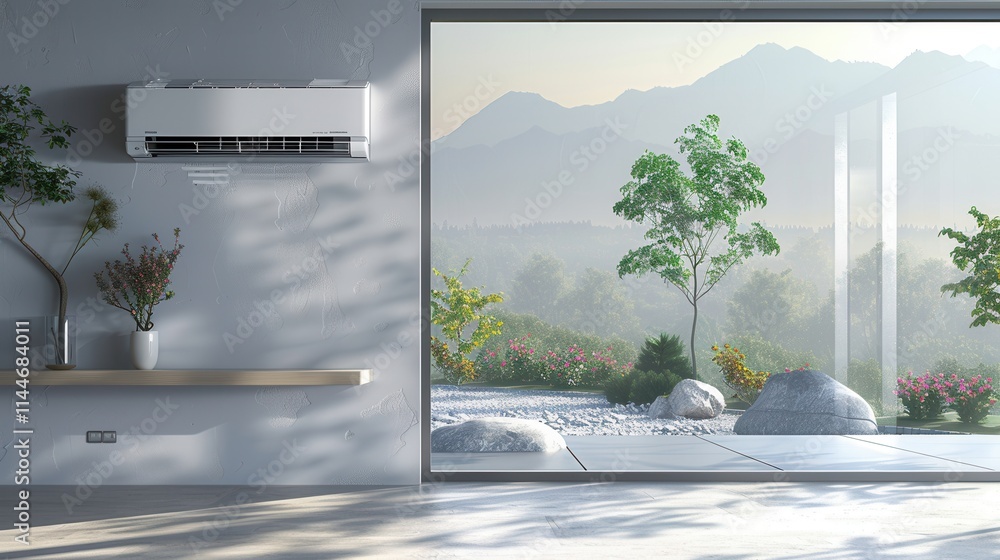 Aufkleber air conditioner mounted on wall near open window with stunning view of mountains at sunrise. generat