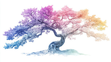 A whimsical tree featuring multicolored pastel leaves in gradient hues, a twisted, gnarled trunk, sharply defined on a white background, emphasizing its unique, surreal aesthetic. No shadow. Created U