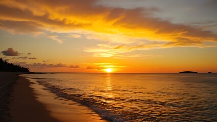 Obraz premium View of sea against sky during sunset, reds and yellows and brightness from the sun