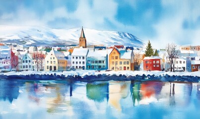 Naklejka premium Watercolor Reykjavik, capital city of Iceland, at winter