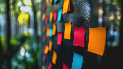 Colorful Sticky Notes on a Black Board in a Bright Outdoor Environment Surrounded by Greenery and Soft Natural Light