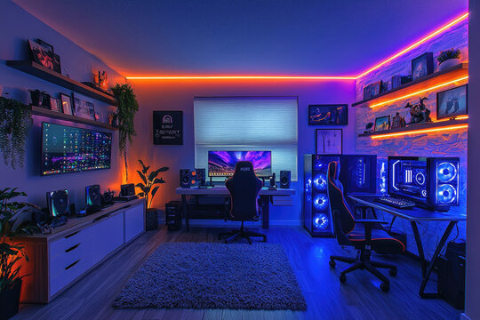Modern neon gaming setup with monitors, computers and blue led lighting, contemporary room of gamer or teenager. Concept of interior, design