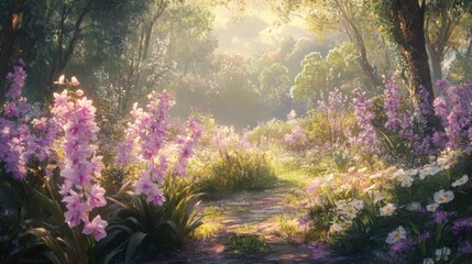 Serene Path Through a Lush Flowering Meadow in Soft Morning Light