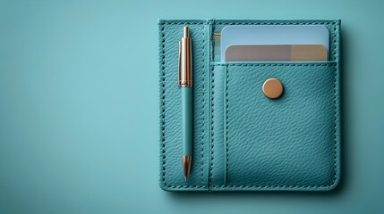 A blue wallet with a pen and two credit cards inside