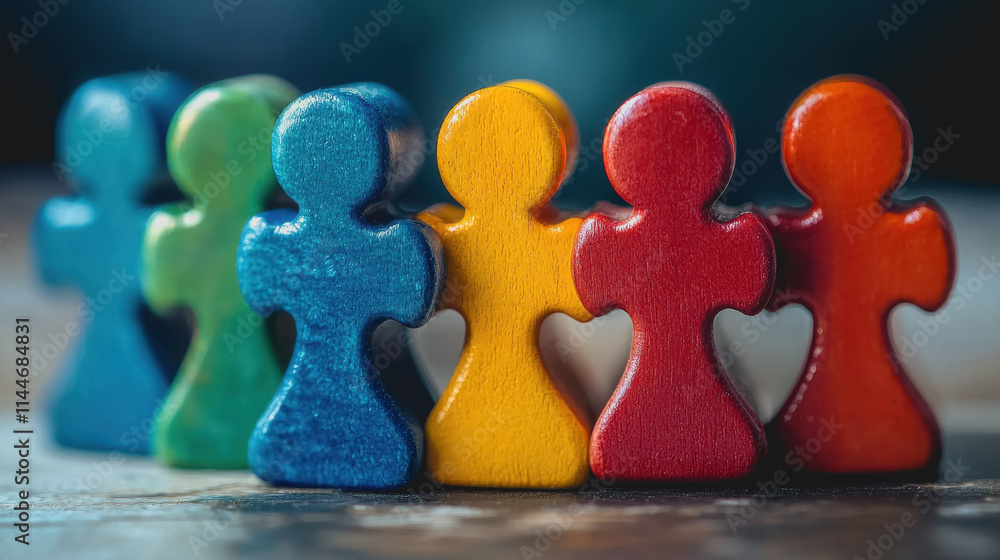 Poster colorful wooden figures representing teamwork and collaboration on a wooden surface highlighting uni