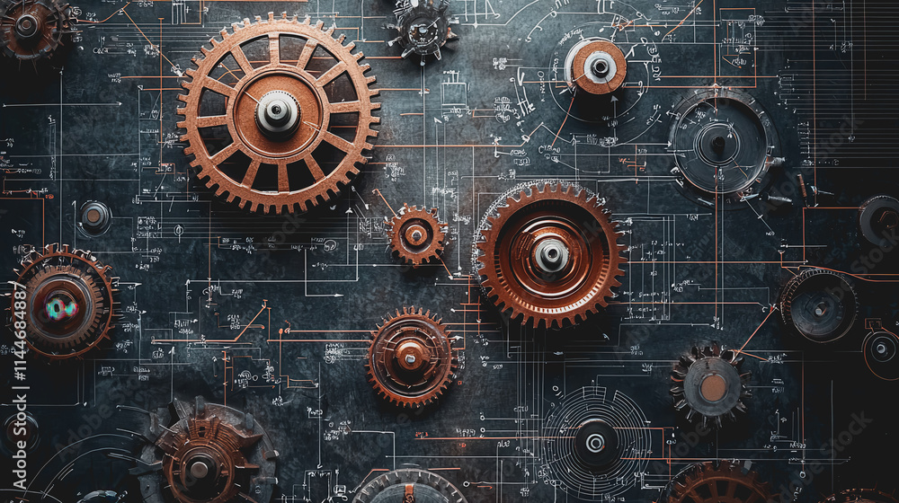 Poster close-up view of industrial gears and mechanical elements on technical blueprint background for engi