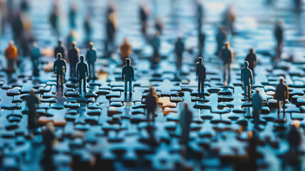 Diverse miniature human figures stand on abstract jigsaw puzzle pieces, symbolizing unity, diversity, connection, and completion in a modern conceptual setting