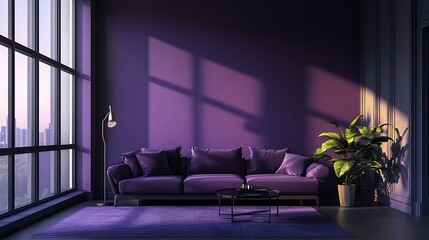 Wide shot photo: Purple sofa elegantly placed in a sunlit modern room. AI Generated