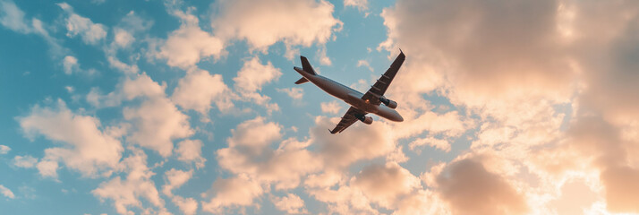 A commercial airplane soaring high amidst scattered fluffy clouds, symbolizing travel and adventure, portrayed with soft hues and a sense of freedom and exploration.