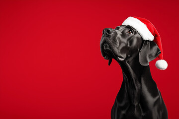 Side portrait of a black Great Dane in a Santa hat looking up on a red background with copy space