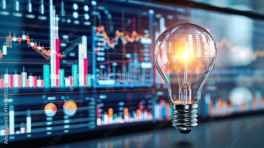 Aufkleber glowing light bulb symbolizes innovation and technology, showcasing financial graphs and data analys