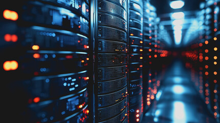 High-Tech Server Room with Illuminated Racks and Data Connections in a Modern Data Center Setting for Technology and Networking Concepts