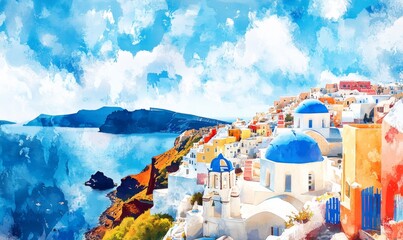 Watercolor View of Oia town and aegean sea in Santorini island in Greece. Cyclades islands, Santorini Greek landscape