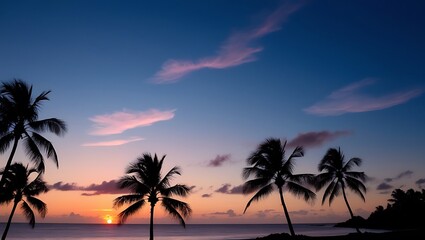 Fototapeta premium Beautiful sunset with palm tree, tree on the shore near the beach