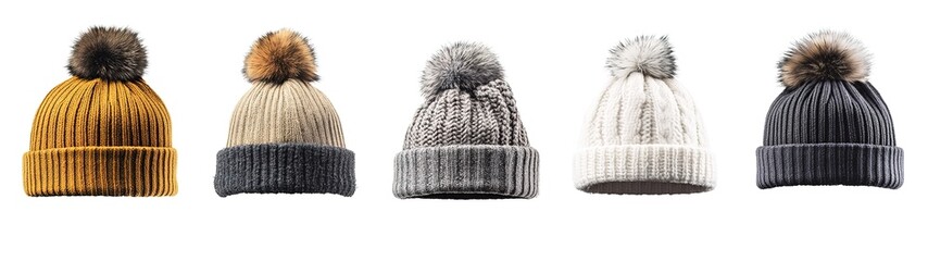 5 different hats with fur and bobbles, isolated on a white background