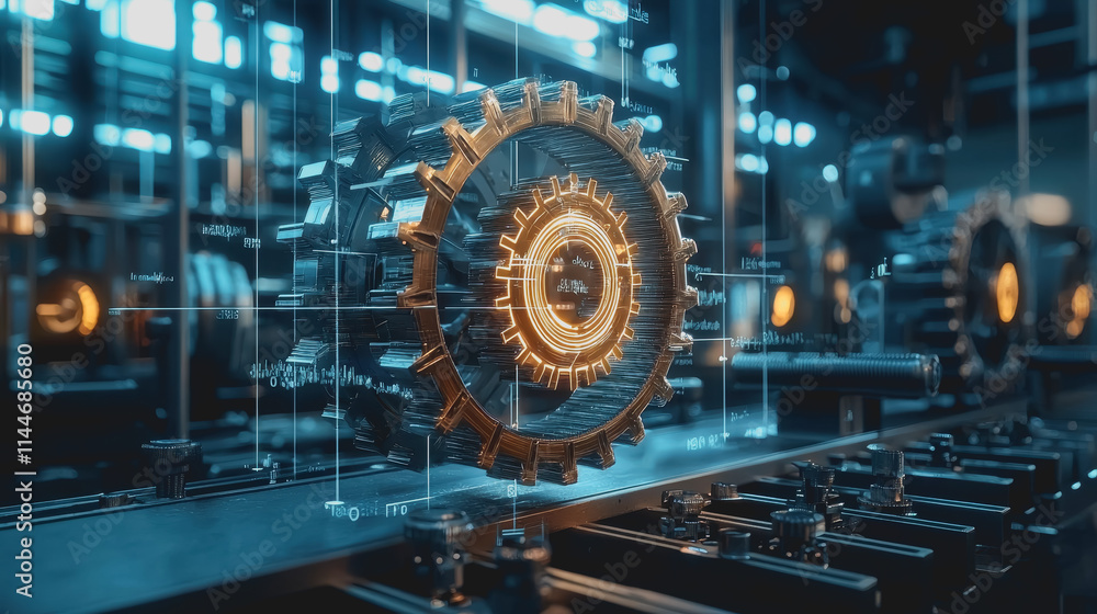 Poster futuristic industrial machinery with gears and digital elements displaying advanced technology and i
