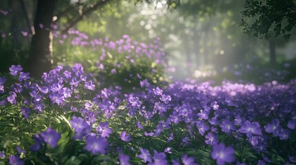 Naklejka premium Lush Green Garden with Blooming Purple Flowers Under Soft Sunlight