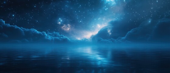 Vast ocean reflecting starry night sky with ethereal glow and distant clouds under a cosmic display