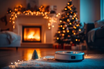 Robot vacuum cleaner cleaning floor in christmas time