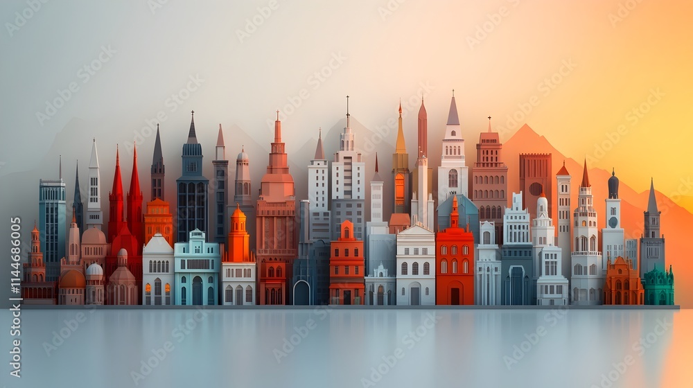 Poster a digital depicting the diverse array of architectural movements that shape the urban skyline at sun