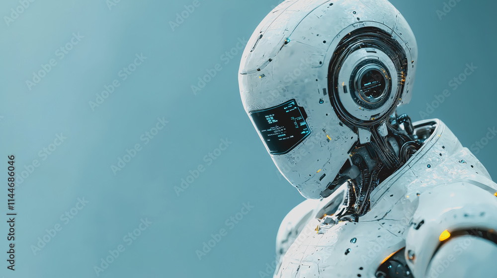 Poster futuristic humanoid robot with sleek design and advanced technology features, standing against a sof