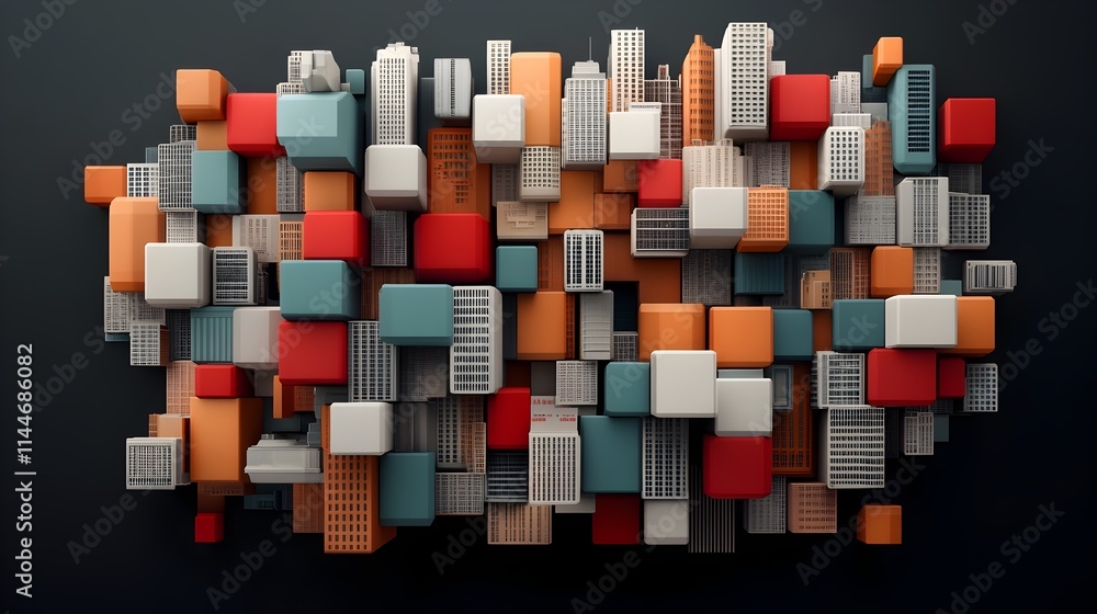 Poster intricate geometric arrangements of skyscrapers and city blocks in a futuristic modernist architectu