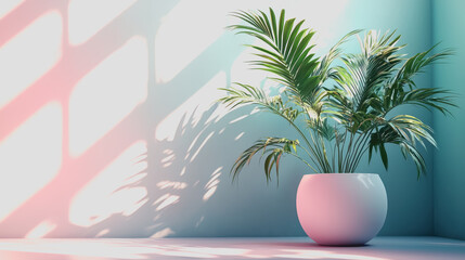 Obraz premium Modern Indoor Plant Display in Minimalist Room with Soft Natural Light and Playful Shadows Reflecting on the Wall and Floor Surfaces