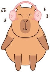 Cute capybara sticker music. Emotions, emoji, playfulness, wink, smile. Vector illustration