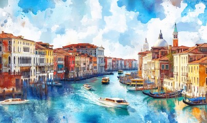 Fototapeta premium Watercolor Beautiful view of the Grand Canal with boats and colorful facades of old medieval houses from the Rialto Bridge in Venice, Italy. Venice is a popular