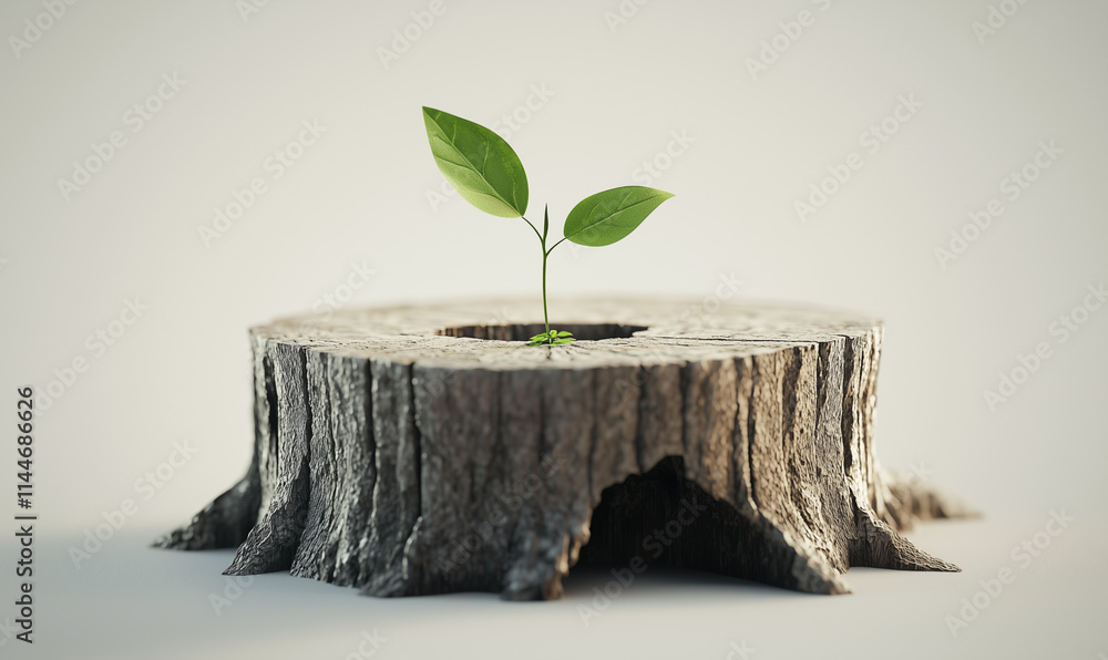 Poster a sapling grows from a tree stump, symbolizing resilience and new beginnings in nature.