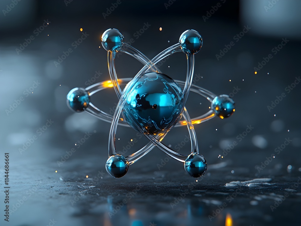 Poster intricate 3d representation of a technetium atom demonstrating its electron shell structure and radi