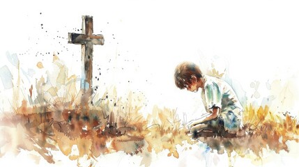 A child kneeling in prayer beside a cross, watercolor illustration, white background, beige color palette. --ar 16:9 --v 6 Job ID: ad97ce14-21a2-4be2-8f0e-e8738396394e