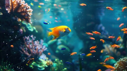 Fototapeta premium Colorful aquarium fish swimming among vibrant corals in a lively underwater world. Generative AI