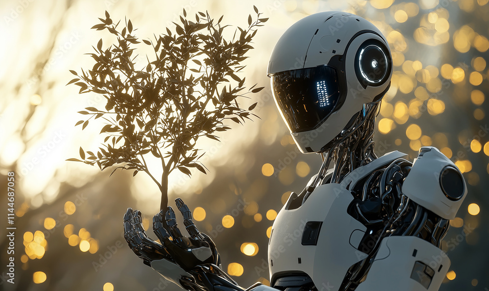 Aufkleber a futuristic robot holds a small tree, symbolizing the intersection of technology and nature amidst 