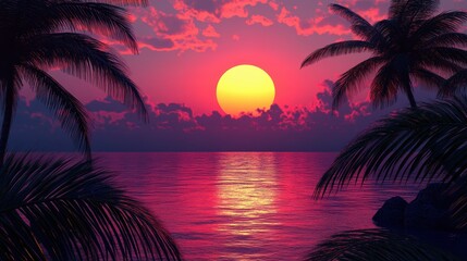 Vibrant sunset over ocean high fidelity panoramic tropical beachfront view