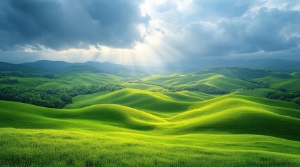 Obraz premium Rolling green hills under a dramatic stormy sky with sunlight breaking through clouds