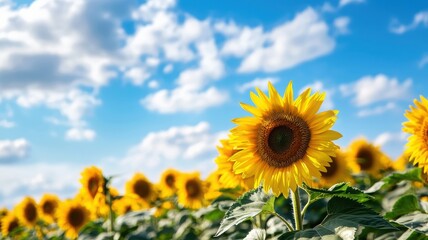 Fototapeta premium A vibrant sunflower stands out against a bright blue sky and fluffy clouds.