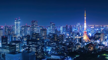 Fototapeta premium Aerial view of tokyo's captivating nighttime cityscape in high-definition illumination