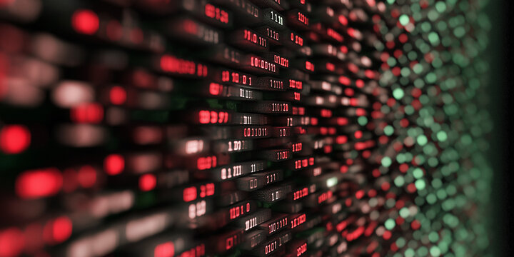 Close-up view of digital binary code in red and green tones, capturing a high-tech and futuristic feel with a focus on data flow and digital signal interpretation.
