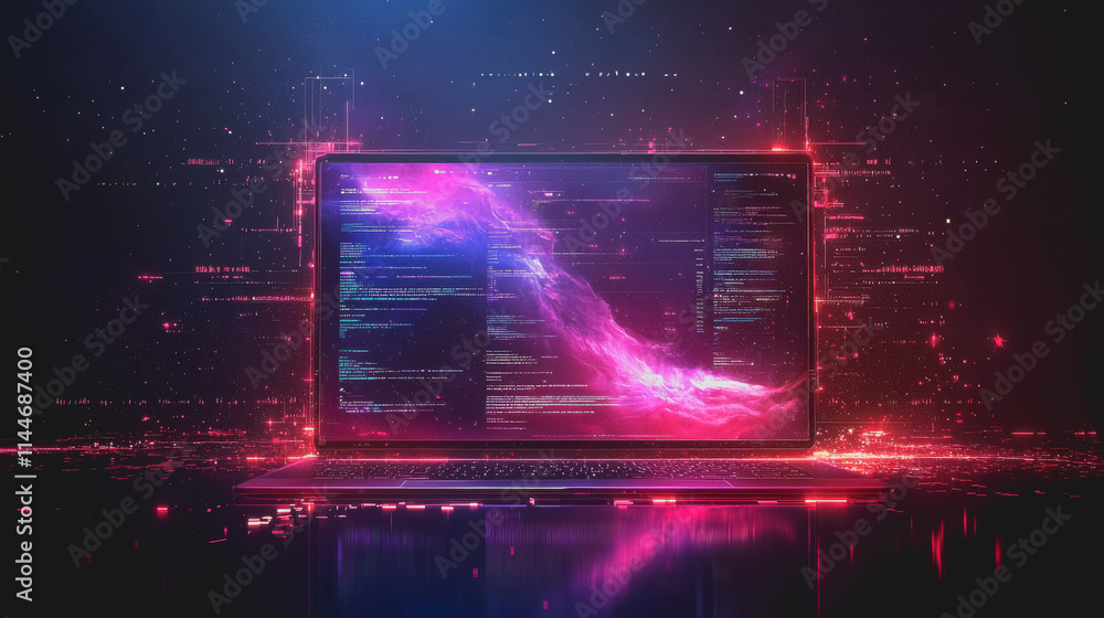 Poster futuristic laptop display with vibrant cosmic graphics and abstract data visualization in neon color