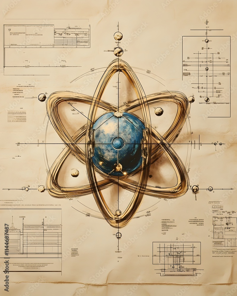 Poster detailed cross section of a technetium atom highlighting its internal structure radiological charact