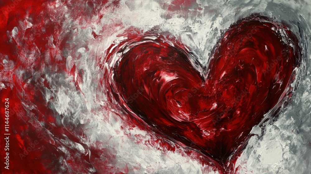 Poster an abstract canvas of swirling reds and whites forming delicate heart patterns, symbolizing the comp