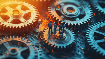 Industrial Engineering Collaboration, Mechanics and Innovation Concept with Gears and Engineers in a Futuristic Setting
