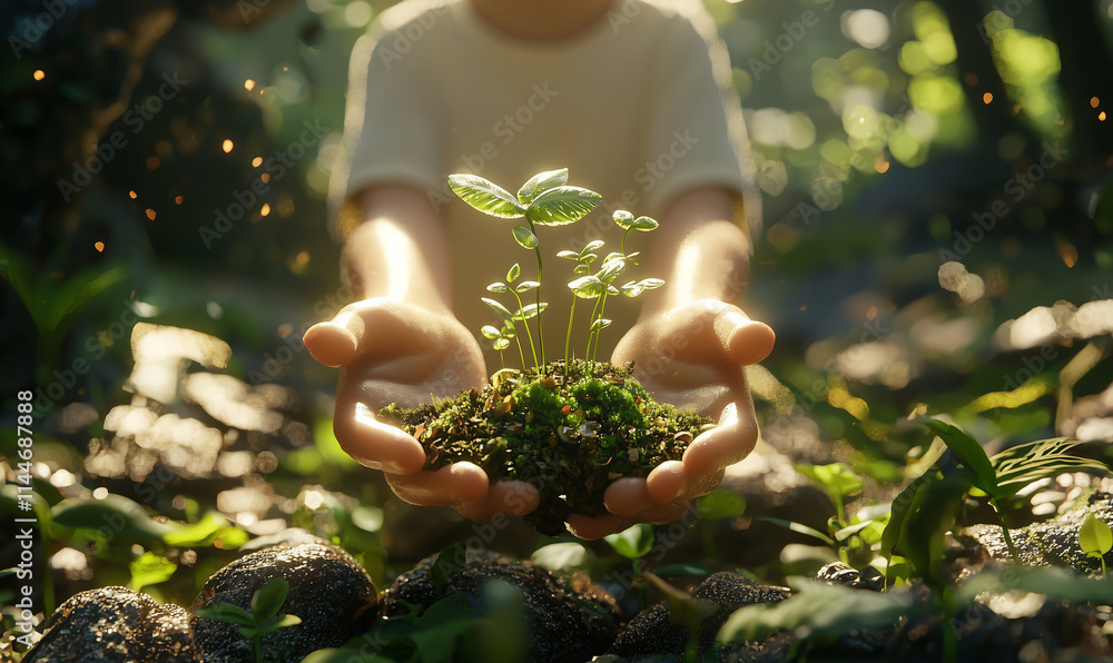 Poster a child holds a small mound of soil with green sprouts, symbolizing growth and nurturing in a vibran