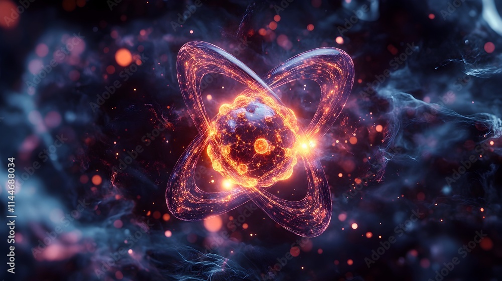 Poster detailed 3d representation of a technetium atom showcasing its electron and highlighting its use in 