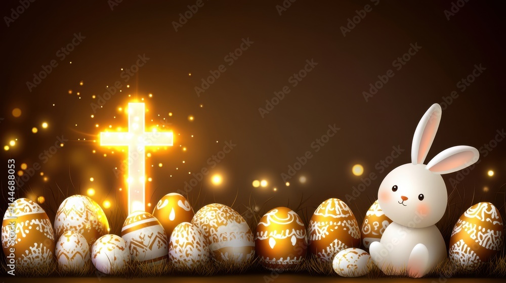 Poster an abstract easter background with a glowing cross and a bunny rabbit surrounded by decorative eggs,