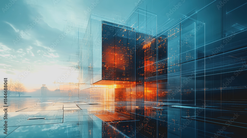 Aufkleber futuristic abstract architecture with transparent cubes in a glowing landscape at dusk imagery for t
